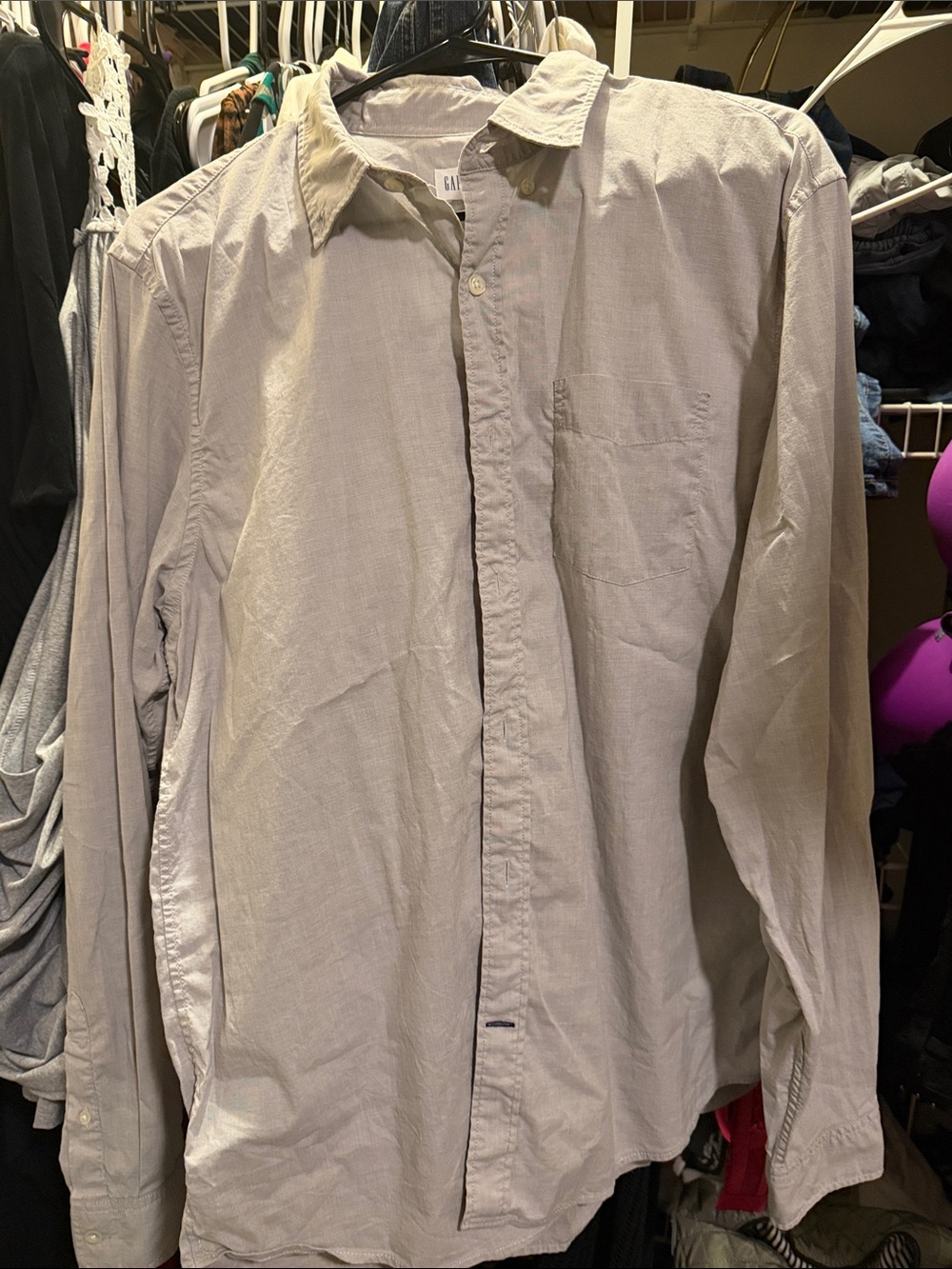 GAP Men's Light Grey and White Button-Down Shirt - Neutral